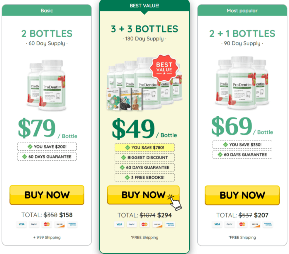 ProDentim pricing options showing 2, 3 plus 3, and 2 plus 1 bottle packages with discounts and free shipping